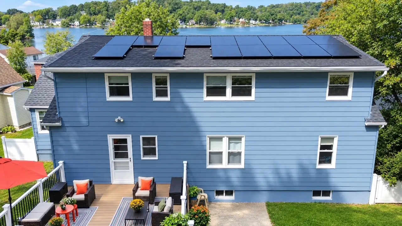 Rear of freshly painted blue home in Netcong NJ with solar panels overlooking the lake