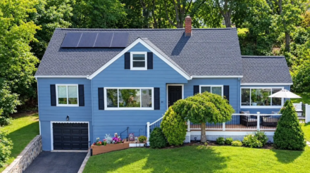 Aerial front view of completed blue exterior paint job in Netcong NJ