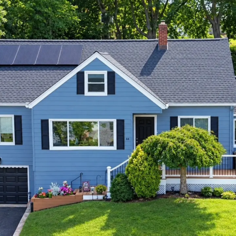 Aerial front view of completed blue exterior paint job in Netcong NJ