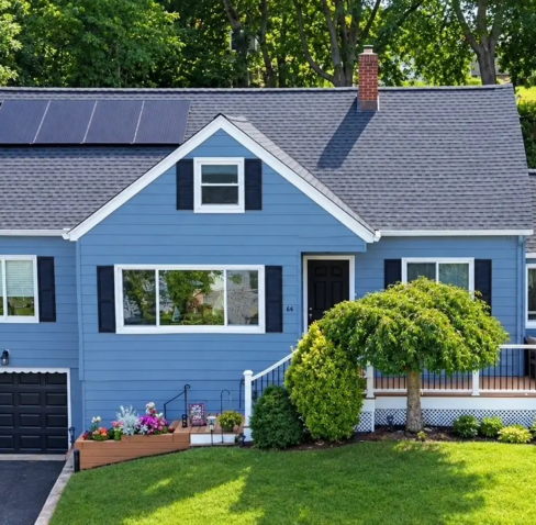 Aerial front view of completed blue exterior paint job in Netcong NJ