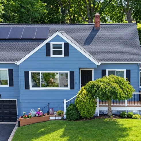 Aerial front view of completed blue exterior paint job in Netcong NJ